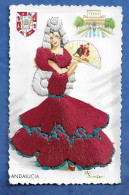 CP Brodée Espagne ANDALUCIA SIGN2E Elsi Gumier - Danseuse éventail Avec Toréador Alhambra Séville  En Arrière Fond - Embroidered