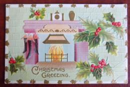 Cpa Christmas Greeting - Feu Cheminée - Chaussettes - Houx - Relief Gaufré - Obl. Tannersville Usa - Other & Unclassified