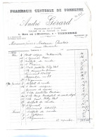 89 . YONNE . TONNERRE . 2 FACTURES. Pharmacie Centrale De Tonnerre André Gerard 9 Rue De L'hopital - Autres & Non Classés