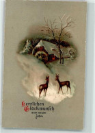 39602021 - Zwei Rehe Im Tiefen Schnee Vor Einer Vereisten Wassermuehle Lithographie M.S.i.B. 1182 Flaggenstempel - Neujahr