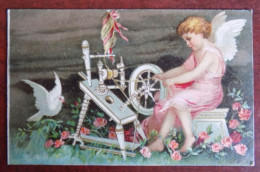 Cpa Fantaisie - Ange - Colombe - Machine à Tisser - Roses - Angels