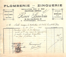 89 . YONNE . TONNERRE .  FACTURE. Plomberie Zinguerie Installations Eau Et Gaz HENRI BAUDOIN 29 Rue Jean Garnier - Old Professions