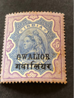 GWALIOR     5 Rupees Ultramarine And Violet MNH** But Toned On Gum - Gwalior