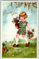 39624921 - Bonne Fete Maedchen Mit Topfblume Und Blumenstrauss Auf Bunter Wiese - Esposizioni