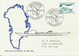 Greenland Card Kayak Post TASIUSSAK KAK ORTOK 30-8-1972 With Cachet Sent To Denmark - Lettres & Documents