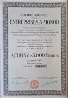 S.A. Des Entreprises A.Monod - Action De 5000 Francs - 1920 - Paris - Sonstige & Ohne Zuordnung