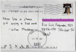 2011 Postcard From USA United States To São José Brazil Misdirected Palhoça Stamp Bell First Class Forever Sorting Mark - Lettres & Documents