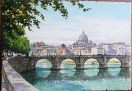 ROME LE LUNGOTEVERE ET LE PONT DU CHATEAU SAINT ANDRE AQUARELLE DE G. GROSSI - Peintures & Tableaux