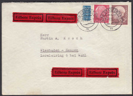 BRD BUND MIF Heuss 20 + 60 Pfg. Eilbrief Düsseldorf-Wiesbaden Mit Notopfer 1955 - Autres & Non Classés