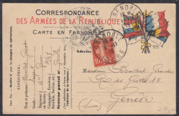 Frankreich-France Army Postal Card Allied Flags 1915 GRENOBLE ISERE To GENEVE - Andere & Zonder Classificatie