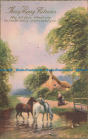 R141827 Greeting Postcard. Many Happy Returns. Horses Near The House And Lake - Monde