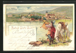 Lithographie Säkkngen Am Rhein, Trompeter Mit Pferd Vor Der Stadt, Behüt Dich Gott!  - Autres & Non Classés