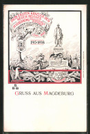 Lithographie Magdeburg, Festpostkarte Zum Ersten Kanzler Des Neuen Reiches 1899, Bismarck-Statue  - Magdeburg