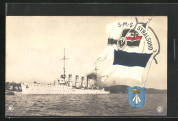 AK Kriegsschiff SMS Stralsund, Reichskriegsflagge Und Wappen  - Guerra