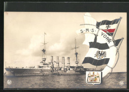 AK Kriegsschiff SMS Yorck, Reichskriegsflagge Und Wappen  - Warships