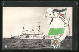 AK Kriegsschiff SMS Wettin, Reichskriegsflagge Und Wappen  - Guerre