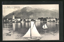 AK Egern Am Tegernsee, Uferpartie Mit Kirche, Alpen Und Segelbooten  - Tegernsee