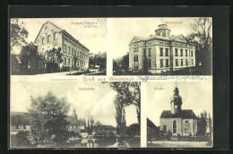 AK Weissbach, Gasthof Friedrich, Herrenhaus, Kirche, Teichpartie  - Czech Republic