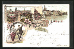 Lithographie Lübeck, Hafen An Der Trave, Paar Auf Tandem  - Luebeck