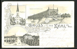 Lithographie Kehl Am Rhein, Neue Rheinbrücke, Stadtkirche, Strassenpartie  - Kehl