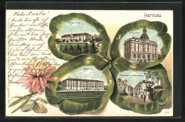 Passepartout-Lithographie Herisau, Poststrasse Mit Hotel Löwen, Postamt, Krankenhaus & Kaserne Im Kleeblatt  - Herisau