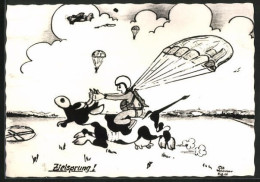 Künstler-AK Zielsprung!, Fallschirmspringer Ist Auf Einer Kuh Gelandet  - Parachutisme