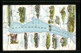 Lithographie Starnberg, Landkarte Des Starnberger See Mit Angrenzenden Orten, Seeshaupt, Bernried Und Tutzing  - Tutzing