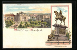 Lithographie Elberfeld, Ortspartie Am Theater, Denkmal Kaiser Wilhelm I.  - Theater