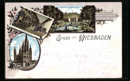 Lithographie Wiesbaden, Kurhaus, Kolonnaden, Evang. Hauptkirche  - Wiesbaden