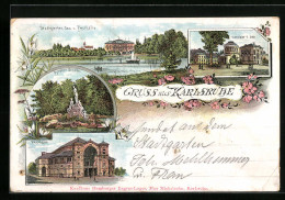 Lithographie Karlsruhe I. B., Stadtgarten Und Festhalle, Vierordt`s Bad, Nymphenbrunnen  - Karlsruhe