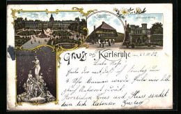Lithographie Karlsruhe I. B., Schloss, Nymphengruppe, Schwarzwaldhaus Im Stadtgarten, Botanischer Garten  - Karlsruhe
