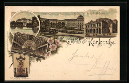 Lithographie Karlsruhe I. B., Stadtgartensee Und Festhalle, Friedrichsplatz, Hoftheater  - Teatro