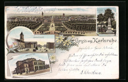 Lithographie Karlsruhe I. B., Marktplatz, Hoftheater, Kriegerdenkmal  - Theatre