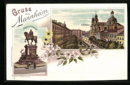 Lithographie Mannheim, Schillerplatz Mit Kaiser Denkmal  - Mannheim