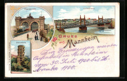 Lithographie Mannheim, Rheinbrücke, Neckarbrücke, Sternwarte  - Mannheim