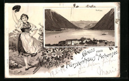 Lithographie Pertisau, Fürstenhaus Mit Blick über Den Achensee, Tiroler Tracht  - Sonstige & Ohne Zuordnung