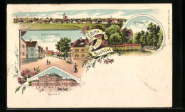 Lithographie Buchloe, Marktstrasse, Gasthof Kellergarten, Bahnhof  - Buchloe