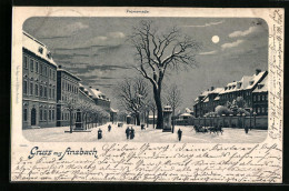 Winter-Lithographie Ansbach, Promenade Mit Pferdeschlitten Bei Mondschein  - Autres & Non Classés