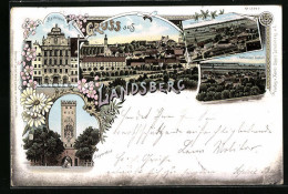 Lithographie Landsberg A. L., Rathaus, Bayertor, Sandauer Vorstadt, Totalansicht  - Landsberg