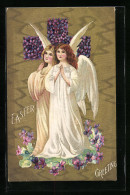 Präge-AK Osterengel Beim Beten, Kreuz Aus Veilchen  - Angels