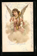 Lithographie Neujahrsengel Mit Harfe Auf Wolken Sitzend  - Angels