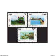 Cambodia 1088-1090, MNH. Mi 1166-1168. Railroad, Cargo Ship, Fishing Boat, 1990. - Cambodia