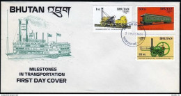 Bhutan 641-642, 650 FDC. Transportation Innovations, 1988: Locomotives. - Bhután