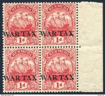 Bermuda MR1 Block Of 4,MNH.Michel 49. War Tax Stamp 1918.Caravel. - Bermudas