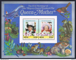 Nevis 432-433, MNH. Michel Bl.6-7. Queen Mother Elizabeth, 85th Birthday. Fauna. - St.Kitts-et-Nevis ( 1983-...)