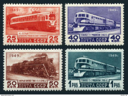 Russia 1411-1414,lightly Hinged. Trains 1949.Trolley Car,Diesel,Steam Trains. - Neufs