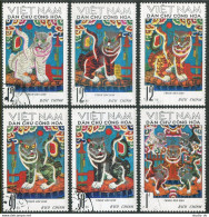 Viet Nam 644-649,CTO.Michel 675-680. Folk Paintings, 1971. Tigers. - Viêt-Nam