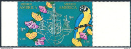 Mexico 1678-1679a Pair/label,MNH.Mi 2205-2206. UPAEP 1990.Flowers,Galleon,Parrot - México