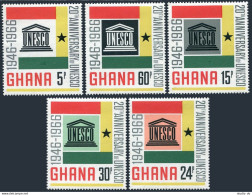 Ghana 264-268, 268a Sheet, MNH. Michel 274-278, Bl.23. UNESCO, 20th Ann. 1966. - Preobliterati