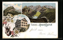 Lithographie Hoher Kasten, Hotel Hoher Kasten, Panorama, Gams Mit Alpenblumen  - Gams